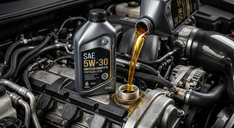 Infográfico técnico sobre óleo lubrificante SAE 5W-30. A imagem mostra um frasco de óleo premium despejando o fluido em um motor moderno, com logotipos das marcas Chevrolet, Ford, Toyota e Hyundai, destacando a versatilidade e as normas técnicas para 2026.