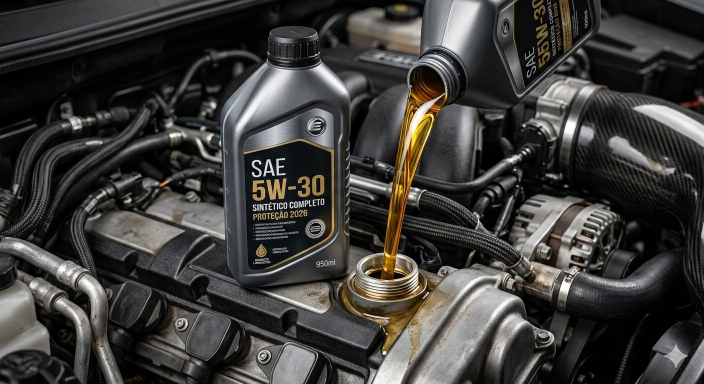 Infográfico técnico sobre óleo lubrificante SAE 5W-30. A imagem mostra um frasco de óleo premium despejando o fluido em um motor moderno, com logotipos das marcas Chevrolet, Ford, Toyota e Hyundai, destacando a versatilidade e as normas técnicas para 2026.