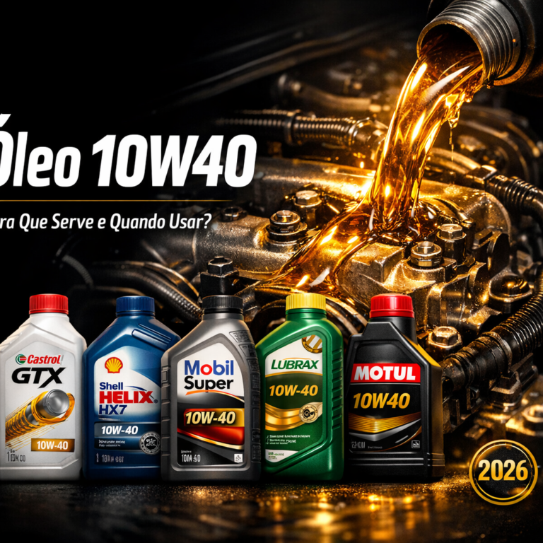 Melhor óleo 10W40 em 2026 — Castrol GTX, Shell HX7, Mobil Super, Lubrax e Motul sobre fundo escuro com motor de carro