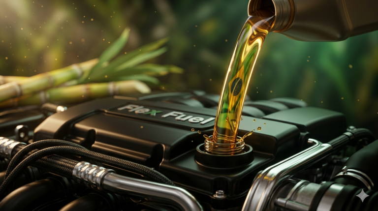 Melhor óleo para motor flex 2026 - óleo sintético sendo derramado em motor flex brasileiro com elementos verdes simbolizando etanol