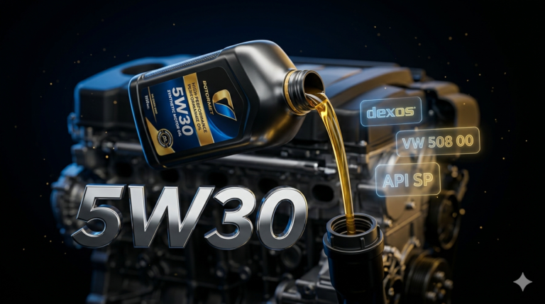 Óleo 5W30 serve para qual motor - frasco de óleo sintético 5W30 sendo derramado em motor moderno com badges de especificações técnicas