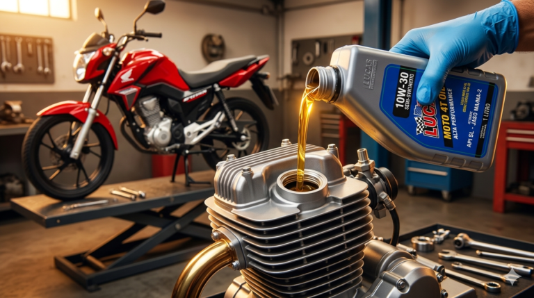 Óleo para moto 4 tempos sendo aplicado no motor de uma moto