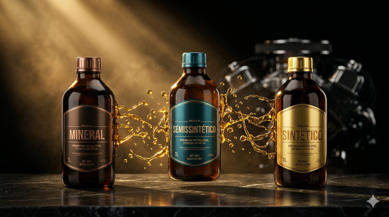 Comparativo entre óleo sintético, semissintético e mineral - três frascos premium lado a lado mostrando a diferença entre os tipos de lubrificantes para motor