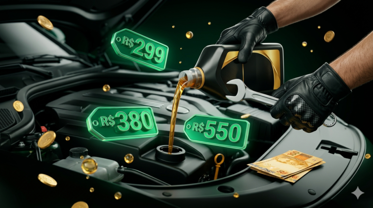 Quanto custa trocar óleo do carro 2026 - frasco de óleo sintético sendo derramado em motor com etiquetas de preços em reais flutuando