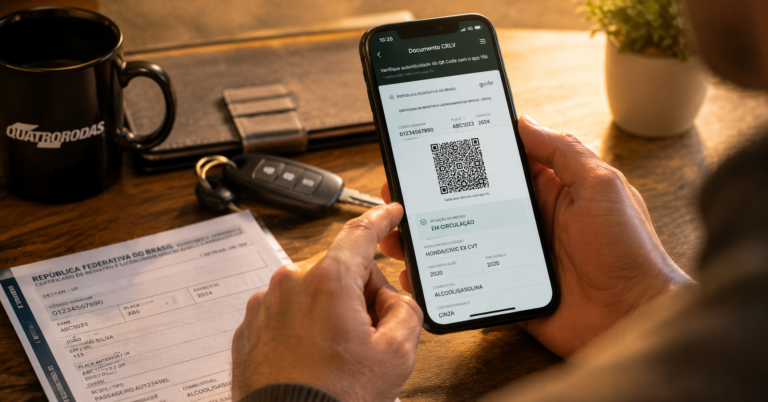 Pessoa lendo e validando o CRLV-e digital no smartphone pelo QR Code