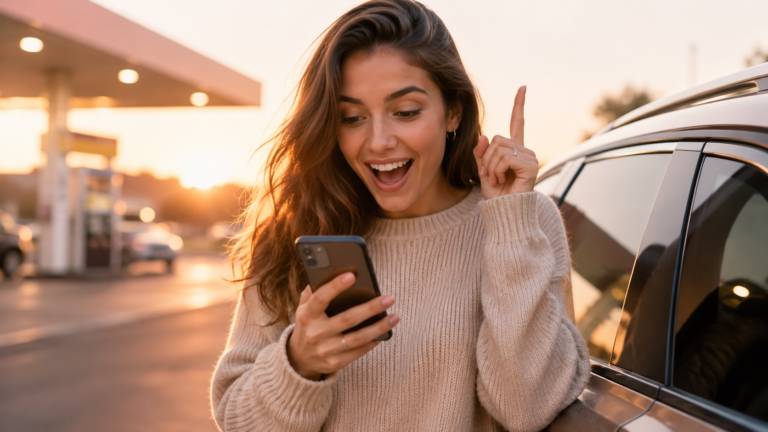 Mulher feliz descobrindo qual aditivo de combustível seu carro precisa pelo celular no posto