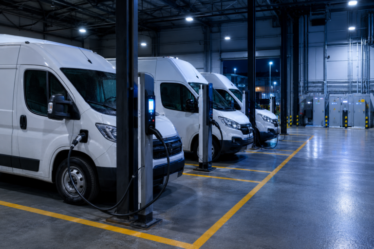 Estação de Depot Charging com vans elétricas recarregando em garagem corporativa durante a madrugada