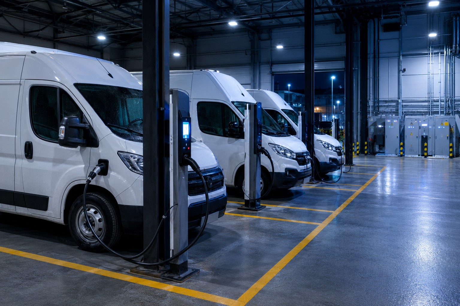 Estação de Depot Charging com vans elétricas recarregando em garagem corporativa durante a madrugada