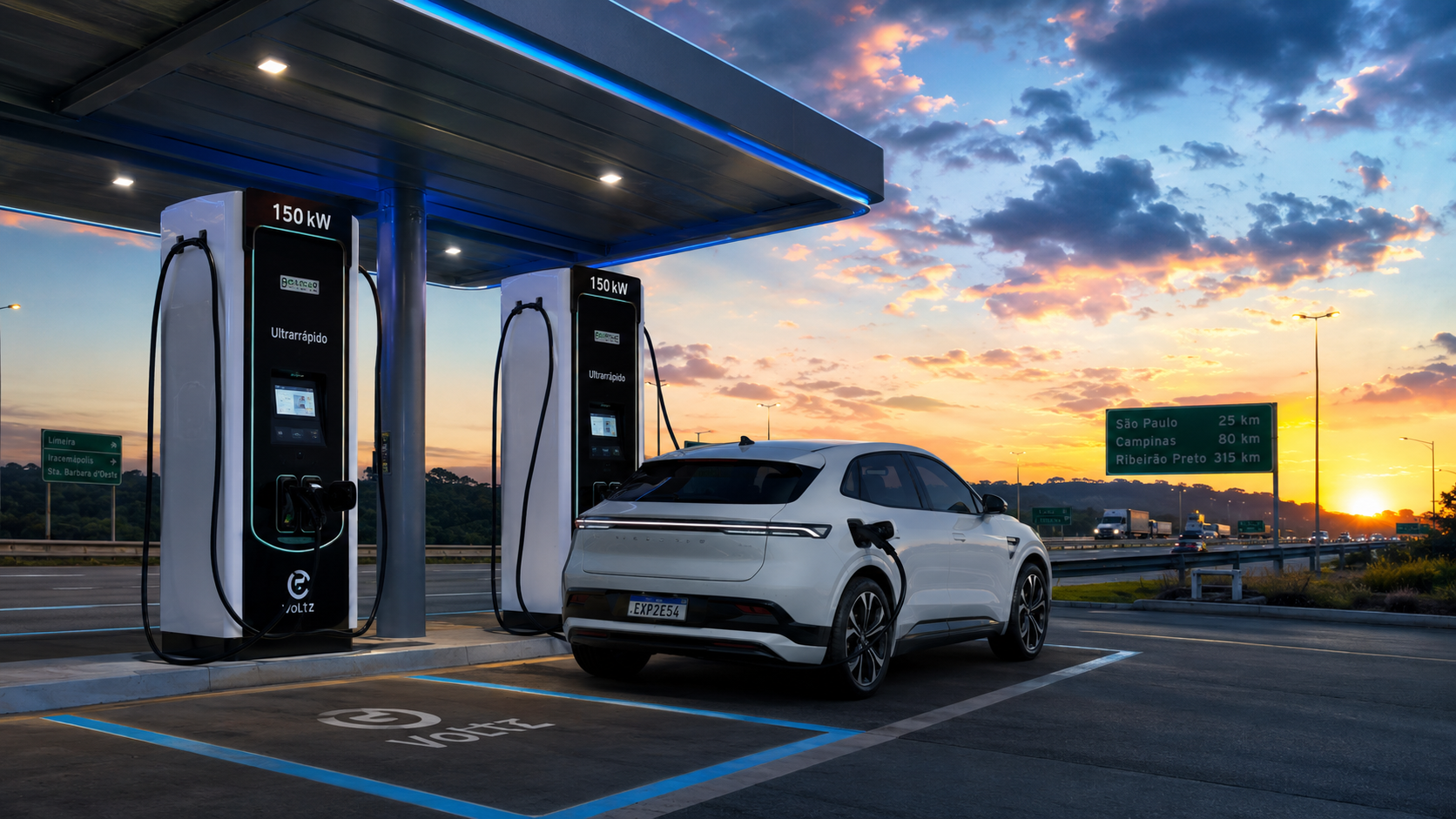 Eletroposto rodoviário ultrarrápido DC 150 kW recarregando veículo elétrico em rodovia brasileira