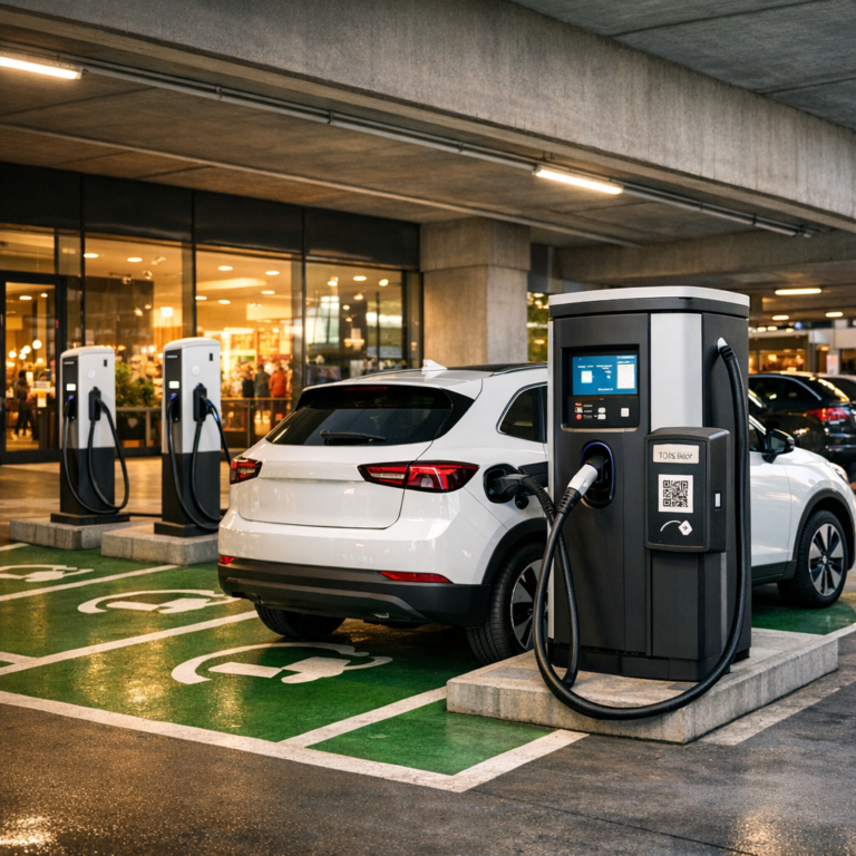 Eletroposto misto AC/DC instalado no estacionamento de shopping center, com carro elétrico em recarga rápida
